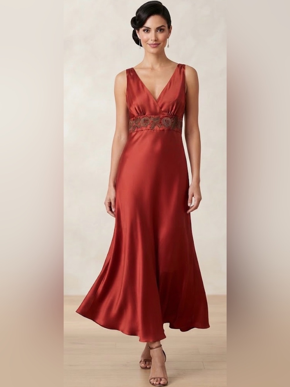 NWT Newport News 100% Silk Terracotta Maxi Dress with Brown Floral Embroidery